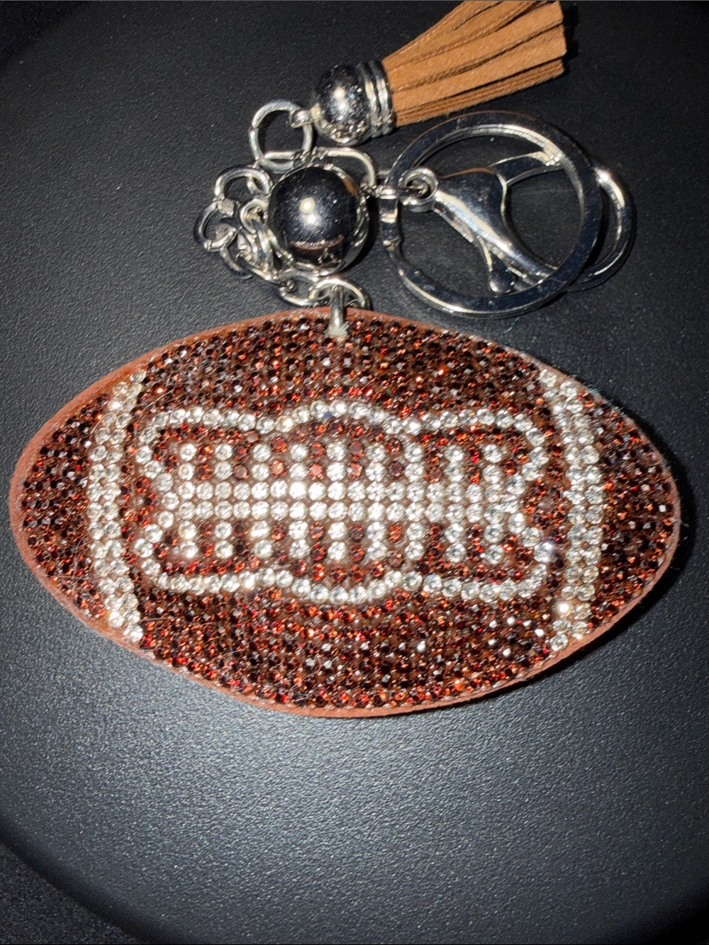 Rhinestone Football Tassel Keychain - Brown Crystal Accent